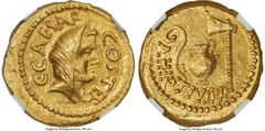 Ancients Roman Republic Julius Caesar, as Consul for the Third Time (46 BC), with Aulus Hirtius, as Praetor. AV aureus (20mm, 7.91 gm, 9h). NGC MS S 4/5 - 5/5. Rome. C•CAESAR-COS•TER, veiled female he