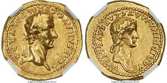 Ancients Roman Imperial Gaius (Caligula) (AD 37-41), with Agrippina Senior. AV aureus (20mm, 7.76 gm, 6h). NGC AU 4/5 - 4/5. Lugdunum, 2nd issue, AD 37-38. C•CAESAR•AVG•GERM•P•M•TR•POT, laureate head 