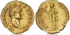 Ancients Roman Imperial Domitian, as Caesar (AD 81-96). AV aureus (19mm, 7.30 gm, 6h). NGC AU 5/5 - 3/5. Rome, AD 75. CAES AVG F-DOMIT COS III, laureate head of Domitian right / PRINCEPS-IVVENTVT, Spe