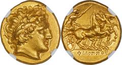Ancients Greek MACEDONIAN KINGDOM. Philip II (359-336 BC). AV stater (18mm, 8.57 gm, 12h). NGC Choice XF 5/5 - 4/5. Posthumous issue, Lampsacus, ca. 323-315 BC. Laureate head of Apollo right / ΦIΛIΠΠO