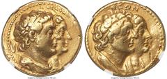Ancients Greek PTOLEMAIC EGYPT. Ptolemy II Philadelphus (285/4-246 BC), with Arsinöe II, Ptolemy I, and Berenice I. AV mnaieion or octodrachm (27mm, 27.71 gm, 1h). NGC Choice VF 5/5 - 2/5, ex-jewelry,