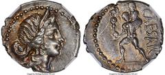 Ancients Roman Republic Julius Caesar, as Dictator (49-44 BC). AR denarius (20mm, 3.92 gm, 6h). NGC Choice XF 4/5 - 5/5. Military mint traveling with Caesar in North Africa, ca. 48-46 BC. Diademed hea