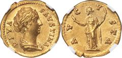 Ancients Roman Imperial Diva Faustina Senior (AD 138-140/1). AV aureus (20mm, 7.28 gm, 6h). NGC AU 5/5 - 3/5, light marks. Rome, AD 147-161. DIVA-FAVSTINA, draped bust of Diva Faustina I right, seen f