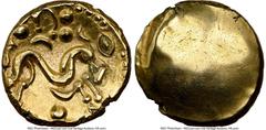 Ancients Celtic EASTERN GAUL. Ambiani. Ca. 59-50 BC. AV stater (17mm, 6.28 gm). NGC Choice XF 5/5 - 3/5, brushed. Sills Class 3b, Gallic War issue, ca. 56-55 BC. Blank convex surface / M-shaped disjoi