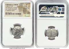 Ancients Greek CYRENAICA. Cyrene. Ca. 308-277 BC. AR didrachm (20mm, 7.67 gm, 12h). NGC VF 5/5 - 4/5. Bare head of Apollo-Carneius left, with horn of Ammon / KY-PA, silphium plant; IΠO (ΠO ligate) in 