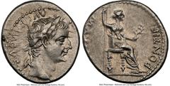 Ancients Roman Imperial Tiberius (AD 14-37). AR denarius (17mm, 3.83 gm, 8h). NGC XF 4/5 - 3/5, brushed. Lugdunum, ca. AD 18-35. TI CAESAR DIVI-AVG F AVGVSTVS, laureate head of Tiberius right / PONTIF