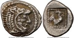 Ancients Greek THRACE. Dicaea. Ca. 490-450 BC. AR hemidrachm or triobol (13mm, 2h). NGC Choice VF. Head of Heracles right, wearing lion skin headdress, paws tied before neck; dotted border / Cock stan