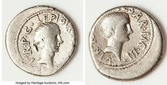 Ancients Roman Republic Lepidus, as Pontifex Maximus and Triumvir (43-36 BC), with Octavian, as Imperator and Triumvir. AR denarius (17mm, 3.82 gm, 11h). VG. Military mint with Lepidus in Italy, sprin