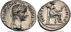 Ancients Roman Imperial Tiberius (AD 14-37). AR denarius (18mm, 3.88 gm, 1h). NGC Choice XF 4/5 - 2/5. Lugdunum, ca. AD 18-35. TI CAESAR DIVI-AVG F AVGVSTVS, laureate head of Tiberius right / PONTIF-M