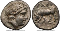 Ancients Roman Provincial TROAS. Gargara. 4th century BC. AR drachm or triobol (14mm, 3.18 gm, 12h). NGC XF 4/5 - 4/5. Laureate head of Apollo right / ΓAΡΓ, bull grazing left. SNG Ashmolean 1131. SNG 