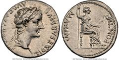 Ancients Roman Imperial Tiberius (AD 14-37). AR denarius (18mm, 3.82 gm, 10h). NGC XF 5/5 - 3/5, brushed. Lugdunum, ca. AD 18-35. TI CAESAR DIVI-AVG F AVGVSTVS, laureate head of Tiberius right / PONTI