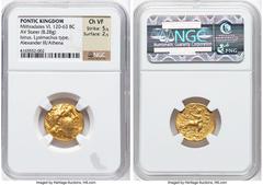 Ancients Greek PONTIC KINGDOM. Mithradates VI Eupator (120-63 BC). AV stater (18mm, 8.28 gm, 11h). NGC Choice VF 5/5 - 2/5. Istrus, in the name and types of Lysimachus of Thrace, 88-86 BC. Diademed he