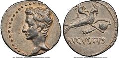 Ancients Roman Imperial Augustus (27 BC-AD 14). AR denarius (19mm, 3.89 gm, 7h). NGC Choice XF 4/5 - 4/5. Spain (Colonia Patricia?), ca. 18-17/16 BC. Bare head of Augustus left; linear border / AVGVST