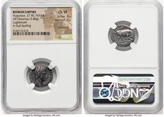 Ancients Roman Imperial Augustus (27 BC-AD 14). AR denarius (17mm, 3.80 gm, 6h). NGC Choice VF 4/5 - 2/5, smoothing. Lugdunum, ca. 15-13 BC. AVGVSTVS-DIVI•F, bare head of Augustus right / IMP•X, bull 