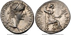 Ancients Roman Imperial Tiberius (AD 14-37). AR denarius (17mm, 3.71 gm, 5h). NGC Choice AU 4/5 - 3/5. Lugdunum, ca. AD 18-35. TI CAESAR DIVI-AVG F AVGVSTVS, laureate head of Tiberius right / PONTIF-M