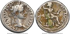 Ancients Roman Imperial Tiberius (AD 14-37). AR denarius (18mm, 12h). NGC Fine. Lugdunum, ca. AD 15-18. TI CAESAR DIVI-AVG F AVGVSTVS, laureate head of Tiberius right / PONTIF-MAXIM, Livia, as Pax, se