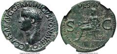 Ancients Roman Imperial Gaius (Caligula) (AD 37-41). AE as (30mm, 9.84 gm, 6h). NGC Choice XF 5/5 - 4/5. Rome, AD 37-38. C•CAESAR•AVG•GERMANICVS•PON•M•TR•POT, bare head of Caligula left / VESTA, Vesta