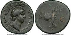 Ancients Roman Imperial Nero, as Augustus (AD 54-68). AE as (28mm, 13.17 gm, 6h). NGC VF 5/5 - 3/5. Rome, AD 65. NERO CAESAR AVG-GERM IMP, laureate head of Nero right / Victory flying left, round shie