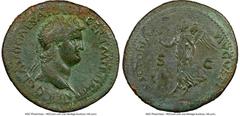 Ancients Roman Imperial Nero, as Augustus (AD 54-68). AE as (32mm, 12.98 gm, 7h). NGC VF 5/5 - 2/5. Lugdunum, AD . NERO CLAVD CAESAR AVG GER P M TR P IMP P, laureate head of Nero right, globe at point