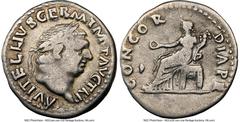 Ancients Roman Imperial Vitellius (19 April-20 December AD 69). AR denarius (19mm, 3.09 gm, 6h). NGC Fine 5/5 - 4/5. Rome. A VITELLIVS GERM IMP AVG TR P, laureate head of Vitellius right / CONCOR-DIA 