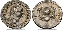 Ancients Roman Imperial Divus Vespasian (AD 69-79). AR denarius (18mm, 3.50 gm, 6h). NGC XF 5/5 - 4/5. Rome, AD 80-81. DIVVS AVGVSTVS VESPASIANVS•, laureate head of Divus Vespasian right / Two caprico