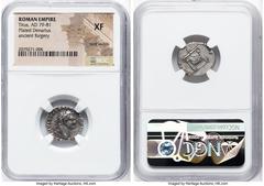Ancients Roman Imperial Titus, as Augustus (AD 79-81). AR/AE fourrée denarius (18mm, 5h). NGC XF, core visible. Ancient forgery of Roman mint, ca. AD 81. IMP TITVS CAES VESPASIAN AVG P M, laureate hea