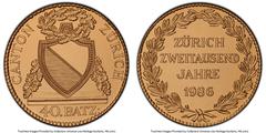 Switzerland Confederation 3-Piece Certified "Zurich 2000th Anniversary" Medallic Restrike Set 1986-CHI MS70 PCGS, 1) bronze Medal (40 Batzen). Design based on the 40 Batzen from 1813 2) silver Medal (