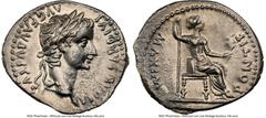Ancients Roman Imperial Tiberius (AD 14-37). AR denarius (20mm, 3.71 gm, 11h). NGC AU 5/5 - 2/5. Lugdunum, ca. AD 18-35. TI CAESAR DIVI-AVG F AVGVSTVS, laureate head of Tiberius right / PONTIF-MAXIM, 