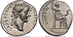 Ancients Roman Imperial Tiberius (AD 14-37). AR denarius (18mm, 3.78 gm, 11h). NGC AU 3/5 - 3/5, brushed. Lugdunum, ca. AD 18-35. TI CAESAR DIVI-AVG F AVGVSTVS, laureate head of Tiberius right / PONTI