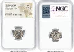 Ancients Roman Imperial Pertinax (1 January-28 March AD 193). AR denarius (17mm, 3.30 gm, 12h). NGC VF 5/5 - 4/5. Alexandria. IMP CAES P HELV-PERTIN AVG, laureate head of Pertinax right / OPI•DIVIN-TR