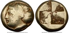 Ancients Greek IONIA. Phocaea. Ca. 387-326 BC. EL hecte (10mm, 2.50 gm). NGC Fine 5/5 - 4/5, marks. Laureate female head left, hair in saccos; seal right below / Irregular quadripartite incuse square.