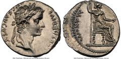 Ancients Roman Imperial Tiberius (AD 14-37). AR denarius (18mm, 3.83 gm, 11h). NGC Choice AU 3/5 - 3/5, brushed. Lugdunum, ca. AD 18-35. TI CAESAR DIVI-AVG F AVGVSTVS, laureate head of Tiberius right 