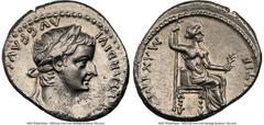 Ancients Roman Imperial Tiberius (AD 14-37). AR denarius (18mm, 3.72 gm, 12h). NGC AU 4/5 - 2/5, brushed. Lugdunum, ca. AD 18-35. TI CAESAR DIVI-AVG F AVGVSTVS, laureate head of Tiberius right / PONTI