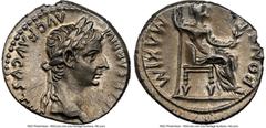 Ancients Roman Imperial Tiberius (AD 14-37). AR denarius (18mm, 3.76 gm, 11h). NGC AU 4/5 - 3/5, light scratches. Lugdunum, ca. AD 18-35. TI CAESAR DIVI-AVG F AVGVSTVS, laureate head of Tiberius right
