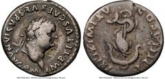 Ancients Roman Imperial Ancients Titus, as Augustus (AD 79-81). AR denarius (17mm, 12h). NGC Fine, flan flaws. Rome, AD 80. IMP TITVS CAES VESPASIAN AVG P M, laureate head of Titus right, seen from be