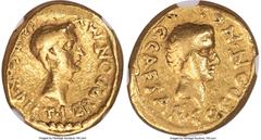 Ancients Roman Republic Octavian, as Consul (43 BC), with Julius Caesar, as Dictator Perpetuo and Pontifex Maximus. AV aureus (18mm, 7.54 gm, 5h). NGC Fine 4/5 - 2/5, ex-jewelry. Military mint in Tran