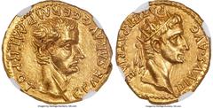 Ancients Roman Imperial Gaius (Caligula) (AD 37-41), with Divus Augustus. AV aureus (19mm, 7.76 gm, 3h). NGC MS S 5/5 - 5/5. Lugdunum, AD 37-38. C•CAESAR•AVG•GERM•P•M•TR•POT, bare head of Caligula rig
