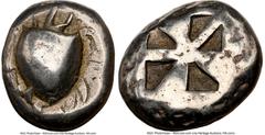 Ancients Greek SARONIC ISLANDS. Aegina. Ca. 525-475 BC. AR stater (19mm, 12.27 gm). NGC Choice Fine 3/5 - 4/5, die shift. Sea turtle, viewed from above, head turned sideways, with thin collar and row 