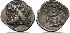 Ancients Greek ARCADIAN LEAGUE. Megalopolis. Ca. 100-50 BC. AR triobol or hemidrachm (17mm, 1h). NGC Choice VF. Ca. 80-50 BC. Laureate head of Zeus left / Pan seated left on rock, right hand raised, c