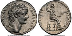 Ancients Roman Imperial Tiberius (AD 14-37). AR denarius (18mm, 3.60 gm, 2h). NGC AU 5/5 - 2/5. Lugdunum, ca. AD 18-35. TI CAESAR DIVI-AVG F AVGVSTVS, laureate head of Tiberius right / PONTIF-MAXIM, L
