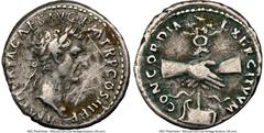 Ancients Roman Imperial Nerva (AD 96-98). AR denarius (18mm, 7h). NGC VF, scratches. Rome, AD 97. IMP NERVA CAES AVG-P M TR P COS II P P, laureate head of Nerva right / CONCORDIA-EXERCITVVM, clasped h