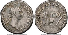 Ancients Roman Imperial Nerva (AD 96-98). AR denarius (18mm, 6h). NGC Choice Fine. Rome, AD 97. IMP NERVA CAES-AVG P M TR POT, laureate head of Nerva right / COS III PATER PATRIAE, priestly implements