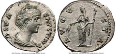 Ancients Roman Imperial Diva Faustina Senior (AD 138-140/1). AR denarius (18mm, 3.32 gm, 12h). NGC Choice AU 5/5 - 3/5, brushed. Rome, AD 141-161. DIVA FAV-STINA, draped bust of Diva Faustina Senior r