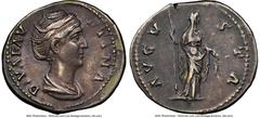 Ancients Roman Imperial Diva Faustina Senior (AD 138-140/1). AR denarius (19mm, 6h). NGC Choice VF. Rome, AD 141-161. DIVA FAV-STINA, draped bust of Diva Faustina Senior right, seen from front, hair e