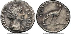 Ancients Roman Imperial Diva Faustina Senior (AD 138-140/1). AR denarius (17mm, 5h). NGC Choice VF, brushed. Rome, AD 146-161. DIVA-FAVSTINA, draped bust of Diva Faustina Senior right, seen from front