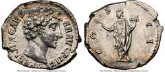 Ancients Roman Imperial Marcus Aurelius, as Caesar (AD 161-180). AR denarius (19mm, 6h). NGC AU, brushed. Rome, AD 145-147. AVRELIVS CAE-SAR AVG PII F, bare head of Marcus Aurelius right / COS-II, Hon