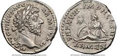 Ancients Roman Imperial Marcus Aurelius, as Augustus (AD 161-180). AR denarius (17mm, 6h). NGC AU. Rome, AD 163-164. M ANTONINVS AVG ARMEN P M, laureate head of Marcus Aurelius right / TR P XVIII IMP 