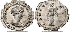 Ancients Roman Imperial Faustina Junior (AD 147-175/6). AR denarius (20mm, 6h). NGC AU, flan flaw. Rome. FAVSTINA AVG ANTONINI AVG PII FIL, draped bust of Faustina Junior right, seen from front, hair 