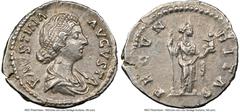 Ancients Roman Imperial Faustina Junior (AD 147-175/6). AR denarius (19mm, 7h). NGC XF. Rome, AD 161-175/6. FAVSTINA-AVGVSTA, draped bust of Faustina Junior right, seen from front, wearing pearl band,