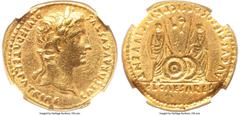 Ancients Roman Imperial Augustus (27 BC-AD 14). AV aureus (20mm, 7.49 gm, 12h). NGC Choice XF 5/5 - 2/5, ex-jewelry. Lugdunum, 2 BC-AD 4. CAESAR AVGVSTVS-DIVI F PATER PATRIAE, laureate head of Augustu
